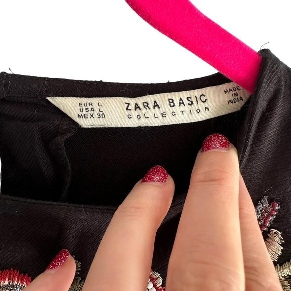 ZARA Basic Collection Black Floral Embroidered Flared Sleeve Boho Ladies Dress,L - Picture 3 of 8